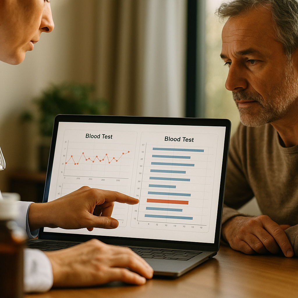 Doctor and patient analysing charts to assess supplement stacks and bloodwork