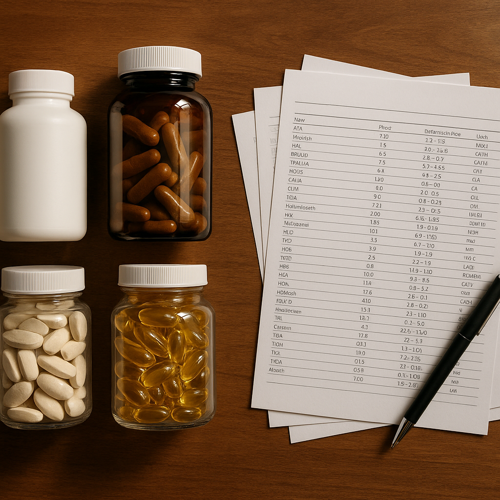 Organised pills and lab reports showing the connection between supplement stacks and bloodwork