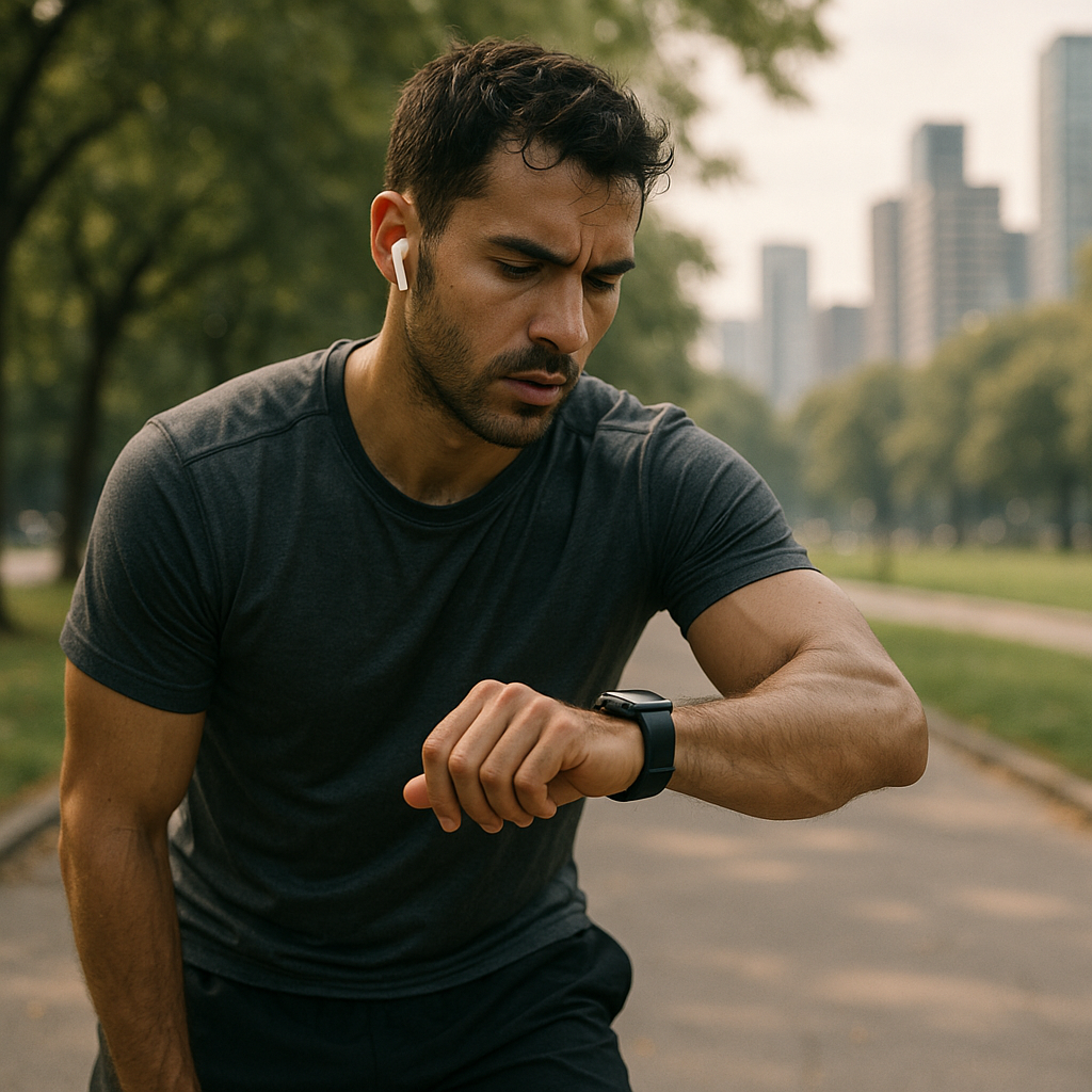 Runner in a park looking at wearable health tech on their wrist during exercise