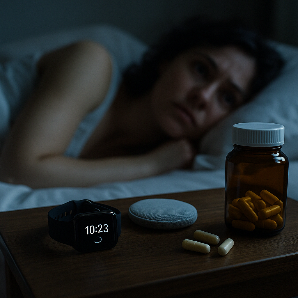 Person lying awake in bed beside wearable health tech tracking their sleep