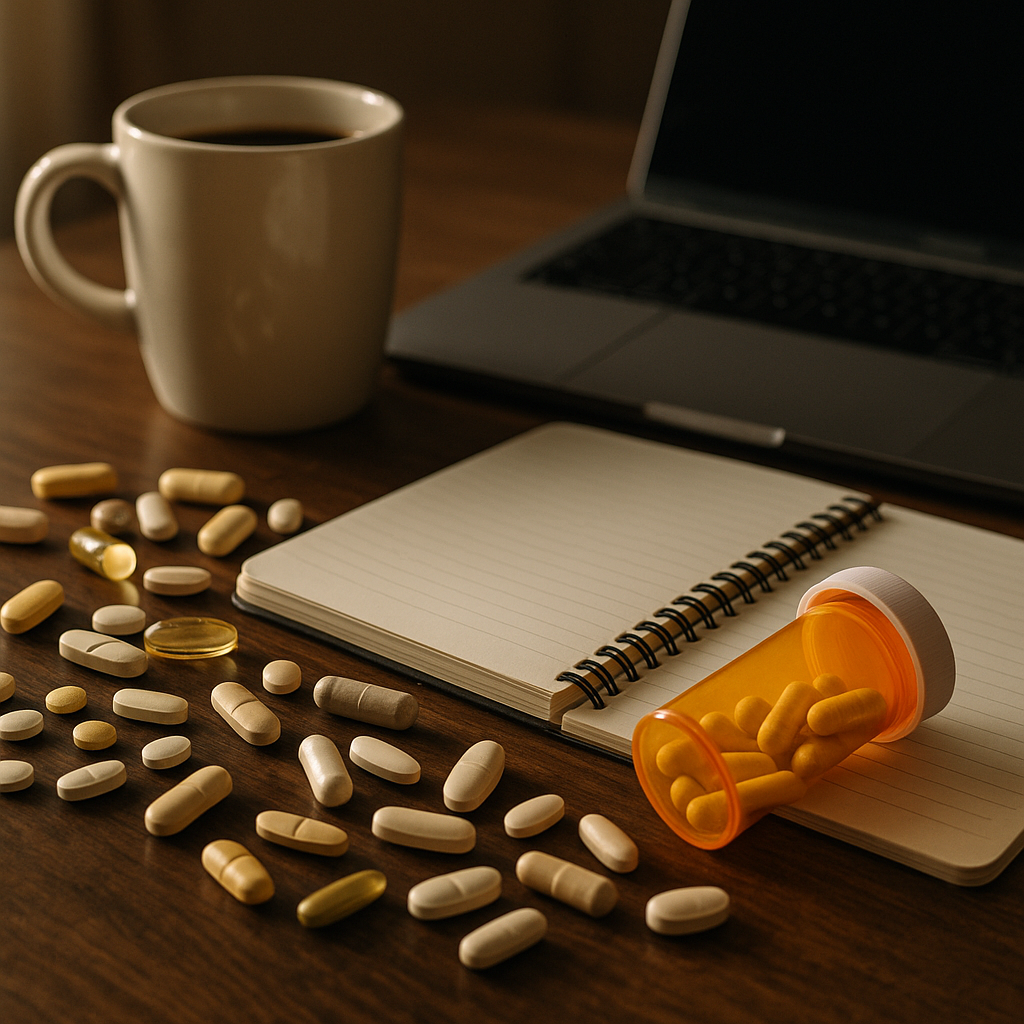 Mixed supplements and prescription drugs laid out as nootropics for focus on a work desk
