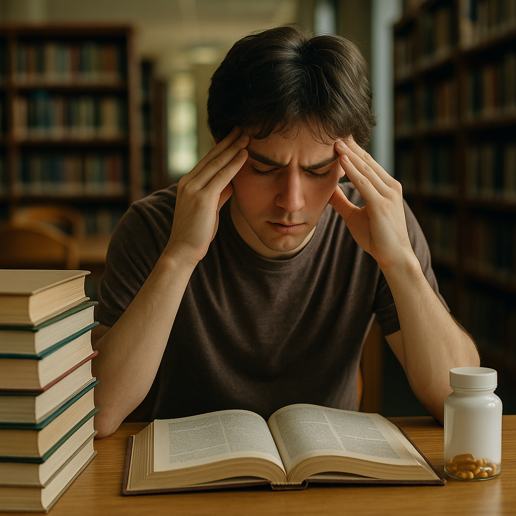 Stressed student considering nootropics for focus during exam revision