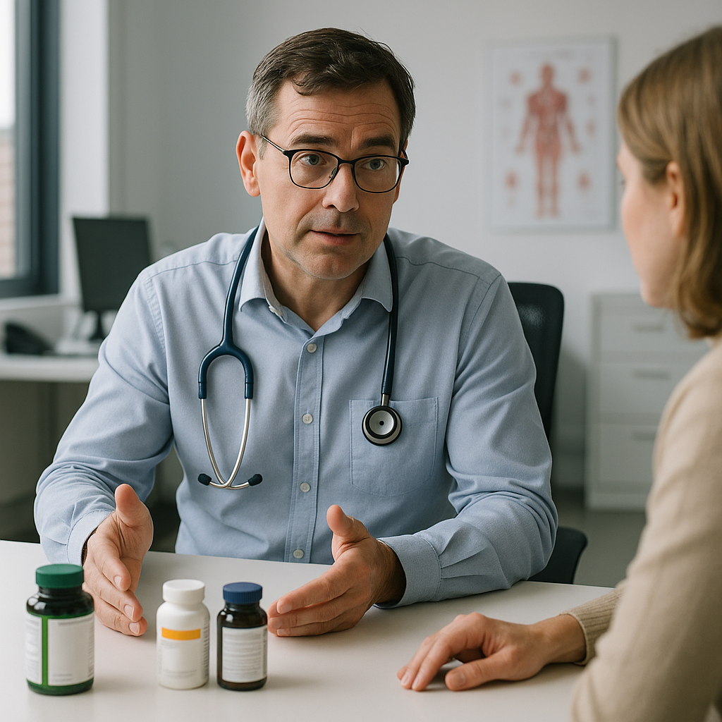 Doctor reviewing a patient’s products and explaining the risks of supplement scams
