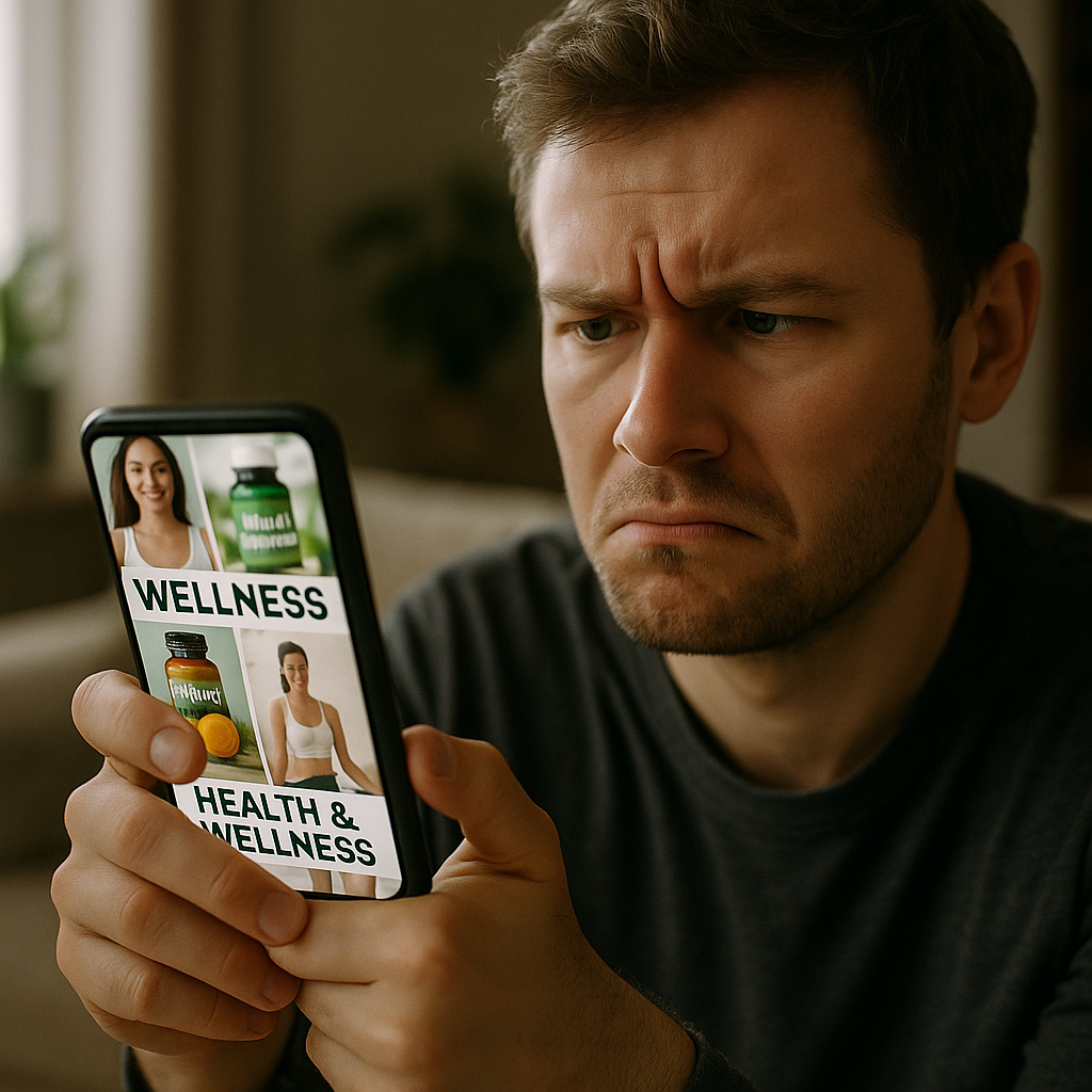 Sceptical person scrolling wellness adverts online, spotting supplement scams