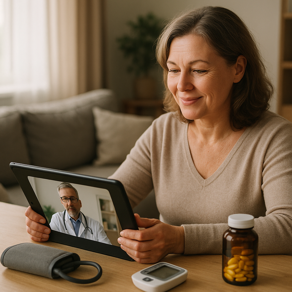 Woman using remote care tools linked to health tech hubs while managing her wellbeing at home