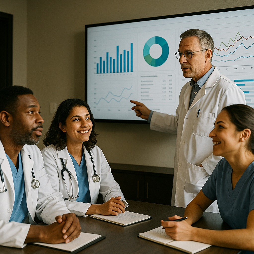 Healthcare team collaborating in health tech hubs using shared digital health data