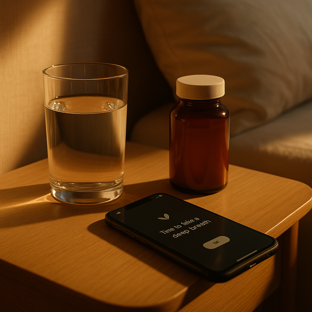 Bedtime routine with supplements and reminders supporting daily health habits