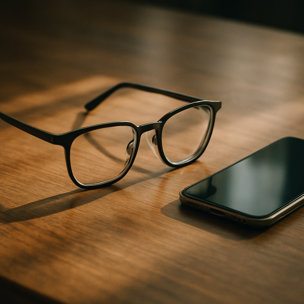 Blue light glasses on a desk representing the blue light and eye health debate