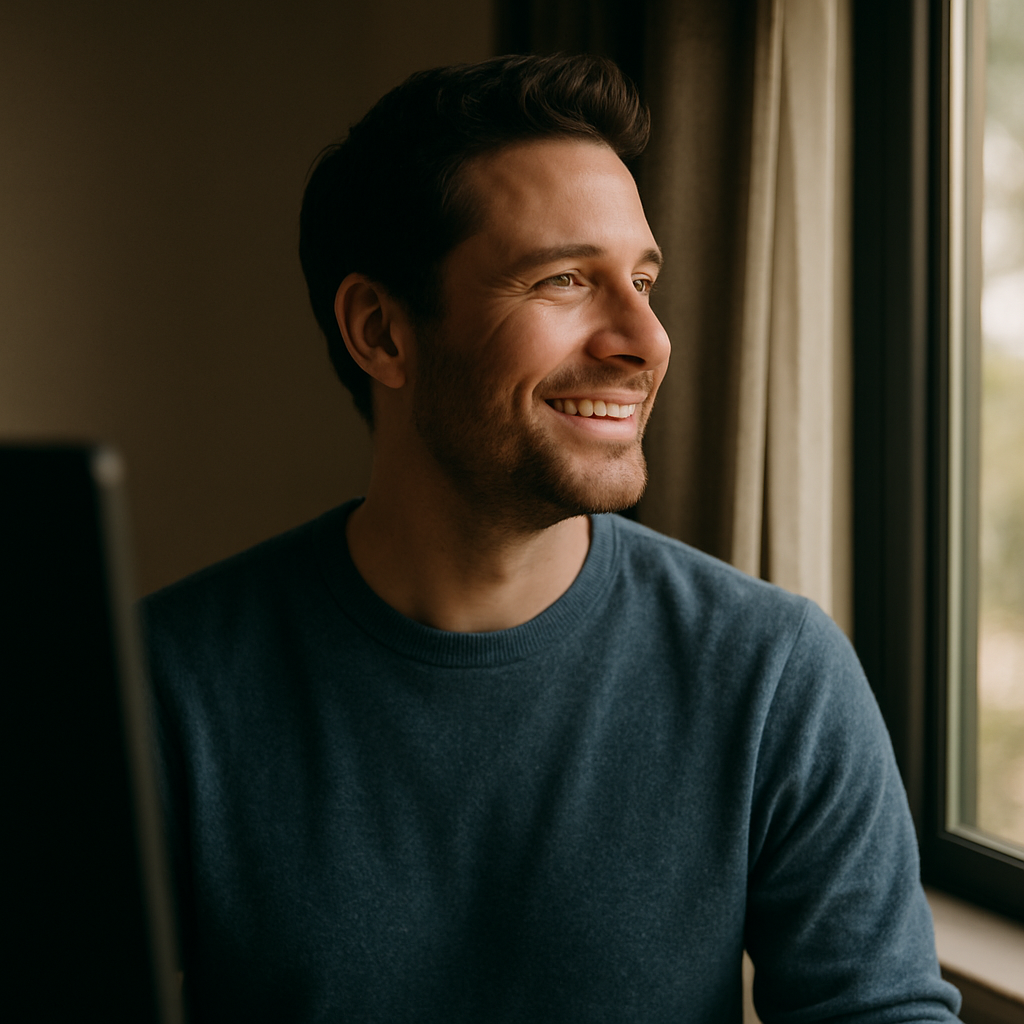 Man taking a screen break to support blue light and eye health habits