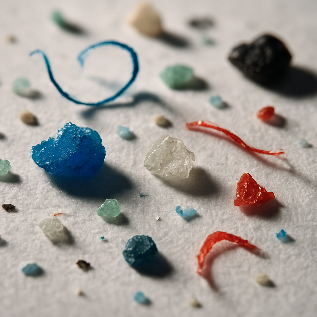Close-up of microplastic particles on a laboratory surface related to microplastics health effects research