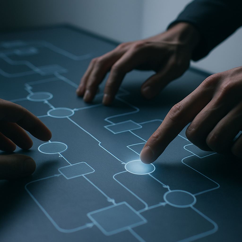 Hands interacting with a decision-pathway interface, a detailed visual of agentic AI explained through connected automation nodes