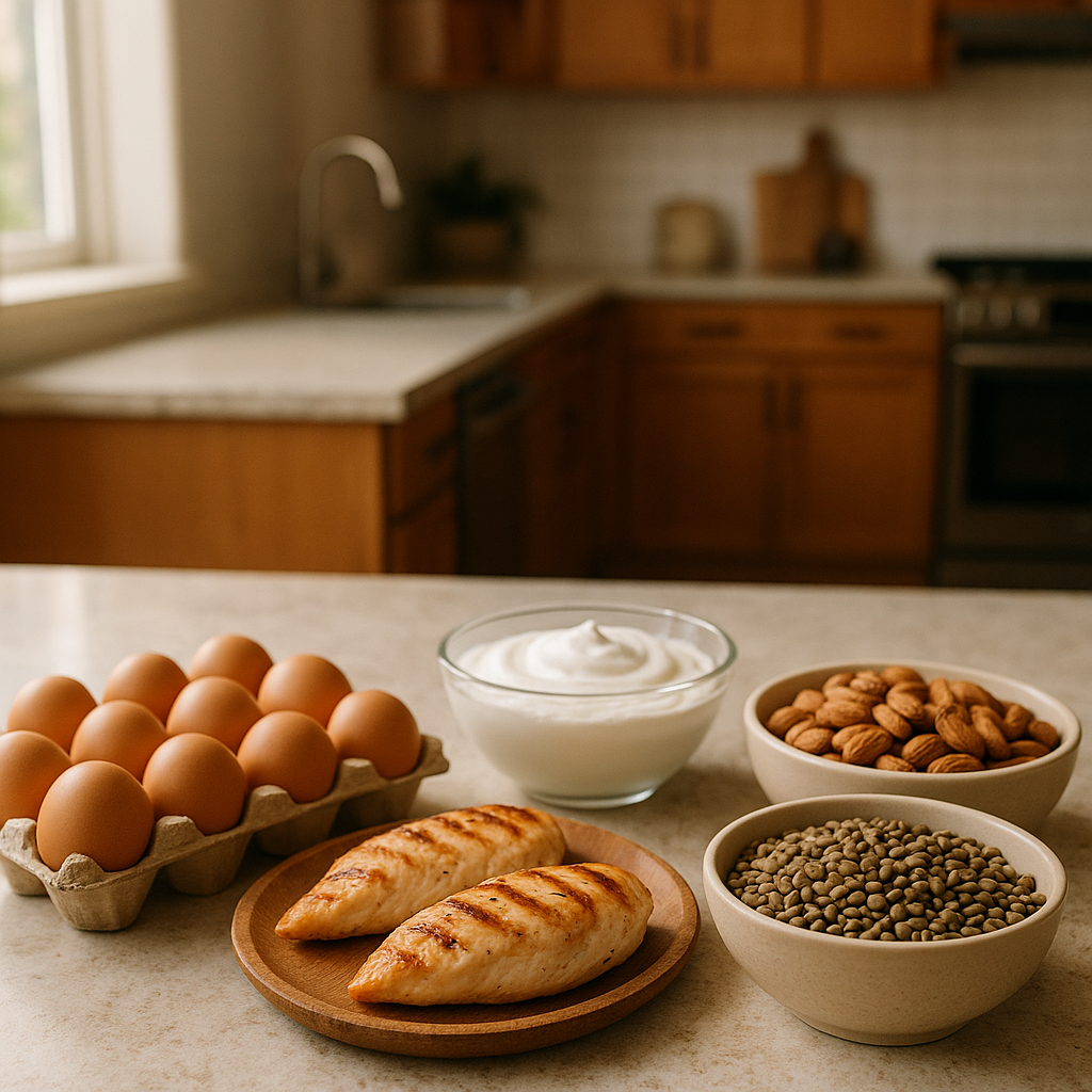 High-protein whole foods arranged on a kitchen counter, illustrating how much protein do I need daily