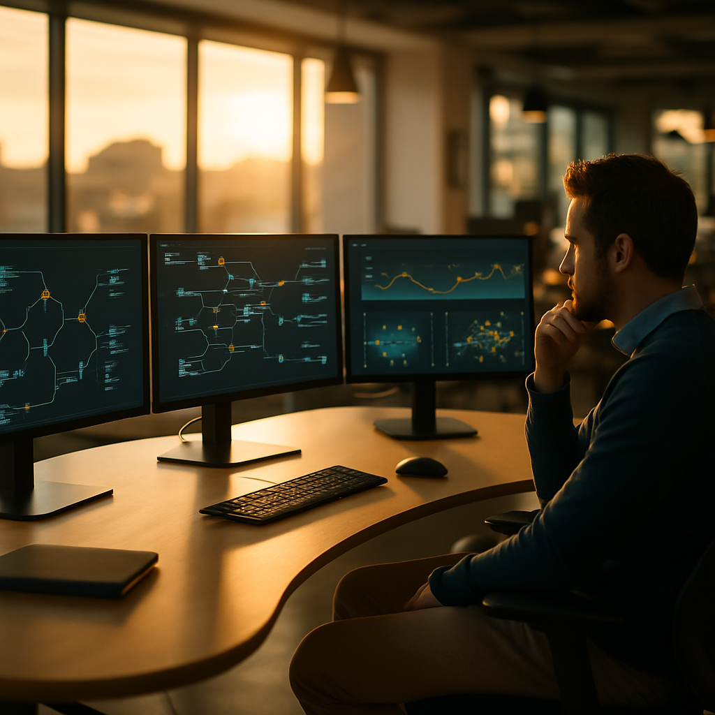 Person studying autonomous workflow systems on monitors, illustrating agentic AI explained in a modern tech workspace