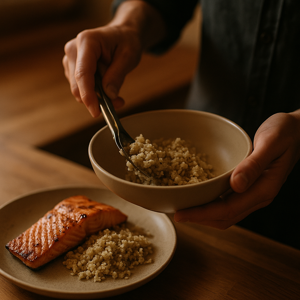 Portioning a high-protein meal of salmon and quinoa, relevant to understanding how much protein do I need daily