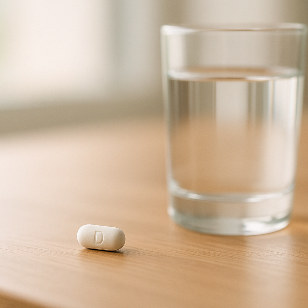 Vitamin D supplement capsule on a wooden surface representing treatment for vitamin D deficiency UK