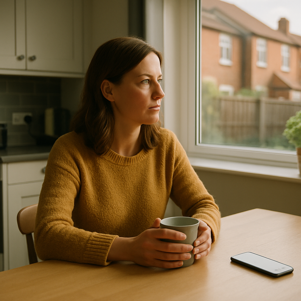 Woman practising healthy screen time habits adults should adopt by leaving phone face-down at breakfast