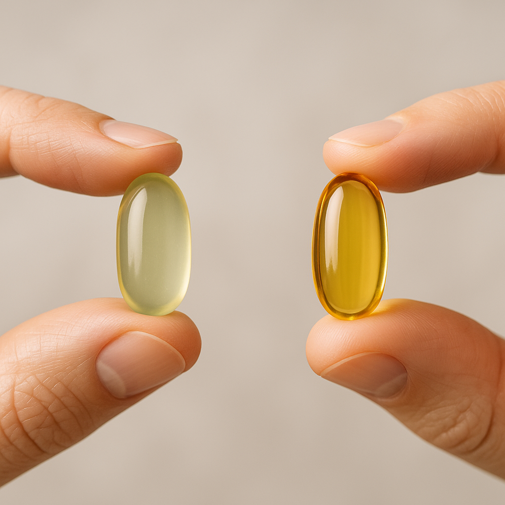 Algae oil and fish oil capsules held side by side for comparison, relevant to omega-3 deficiency UK diet supplementation