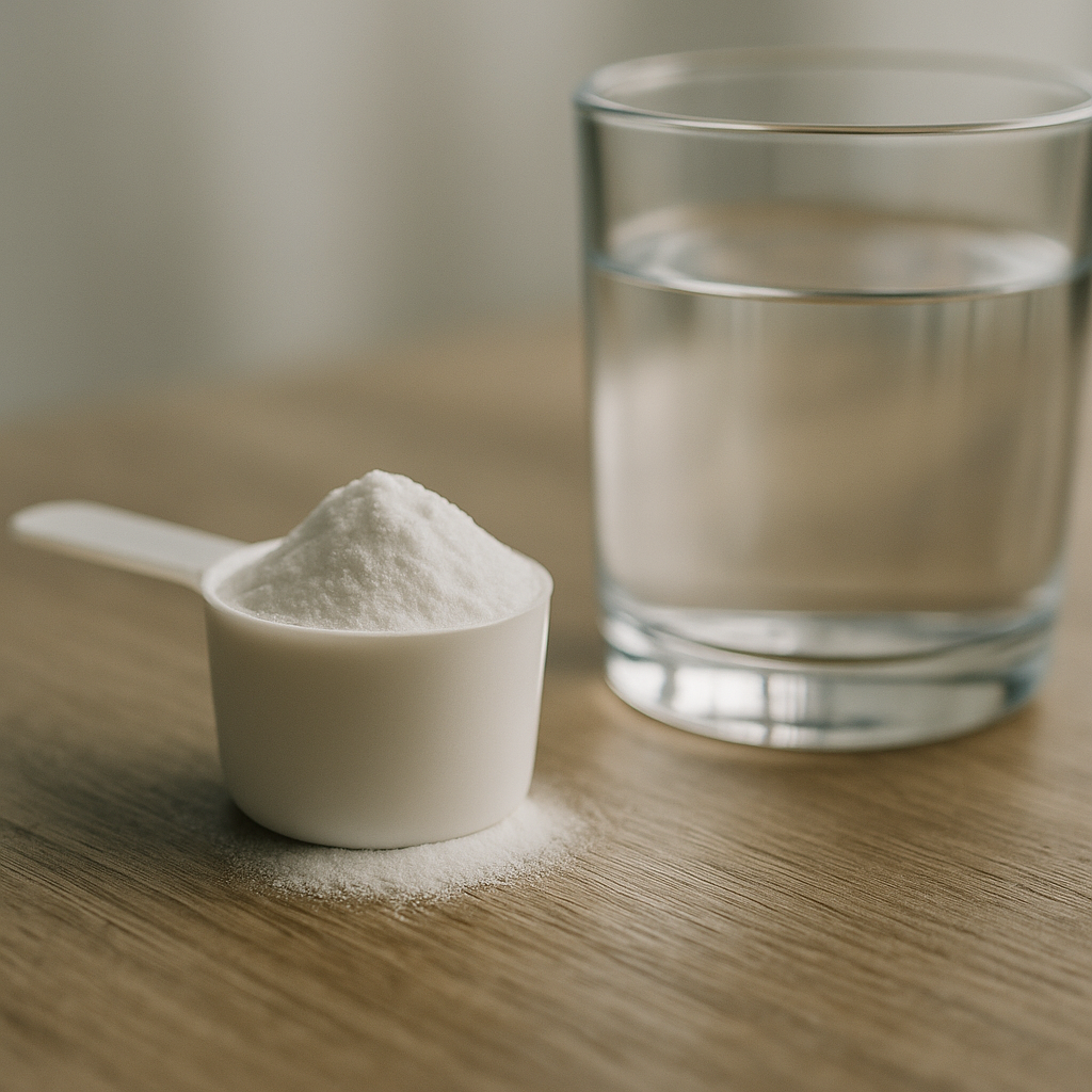 Close-up of creatine supplementation powder and water on a wooden surface