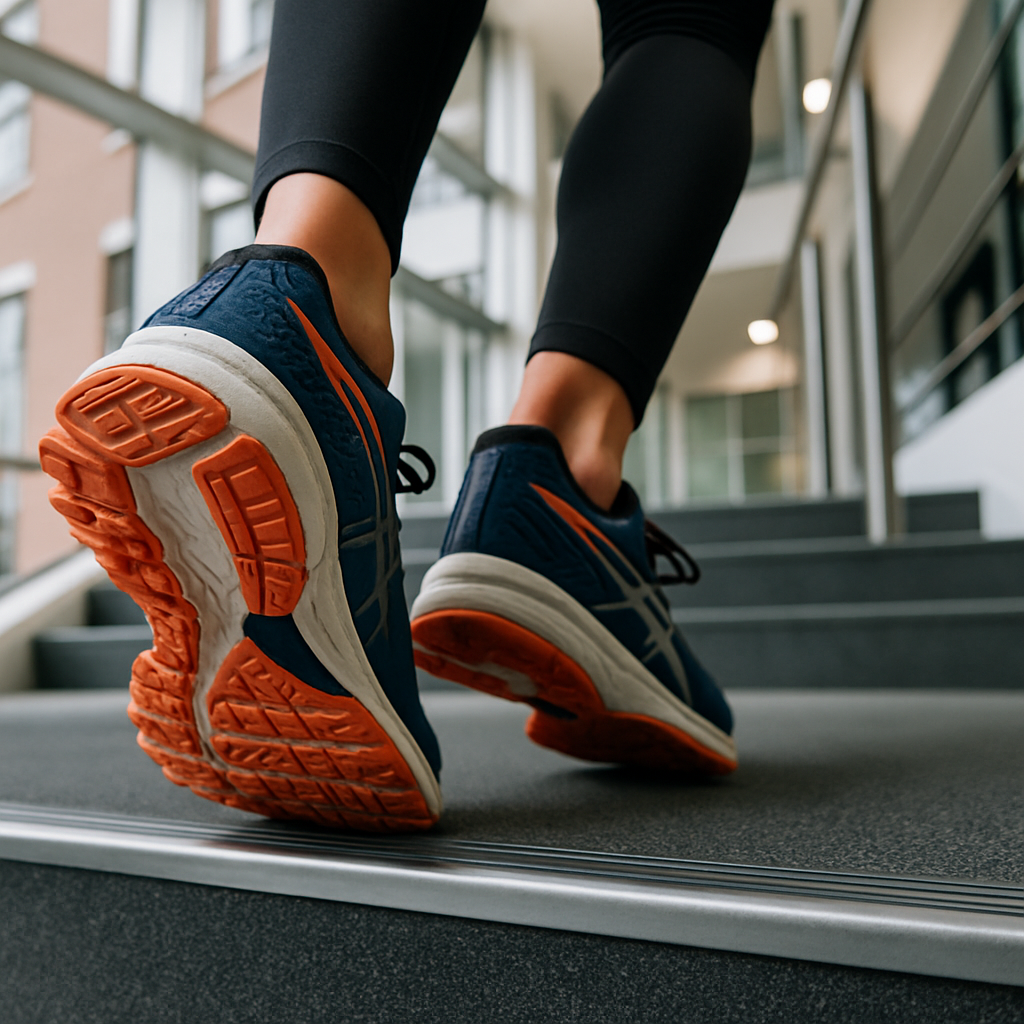 Close-up of exercise snack stair climbing, illustrating short workouts as enough exercise for UK desk workers