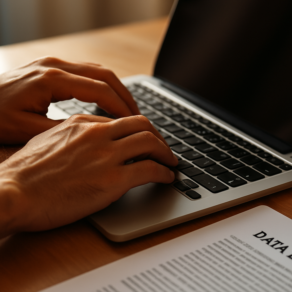 Close-up of hands at a laptop exploring open source vs proprietary AI privacy considerations