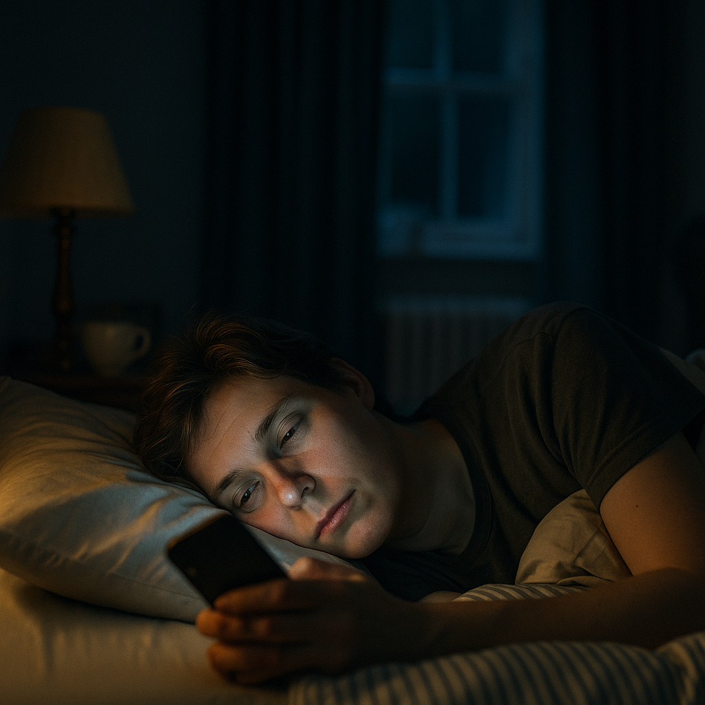 Person in bed at night showing smartphone sleep disruption from screen use