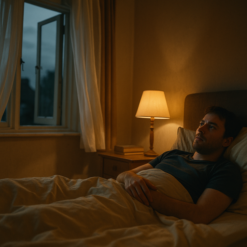 Person lying awake in a warm British bedroom at night illustrating how to sleep in heat UK