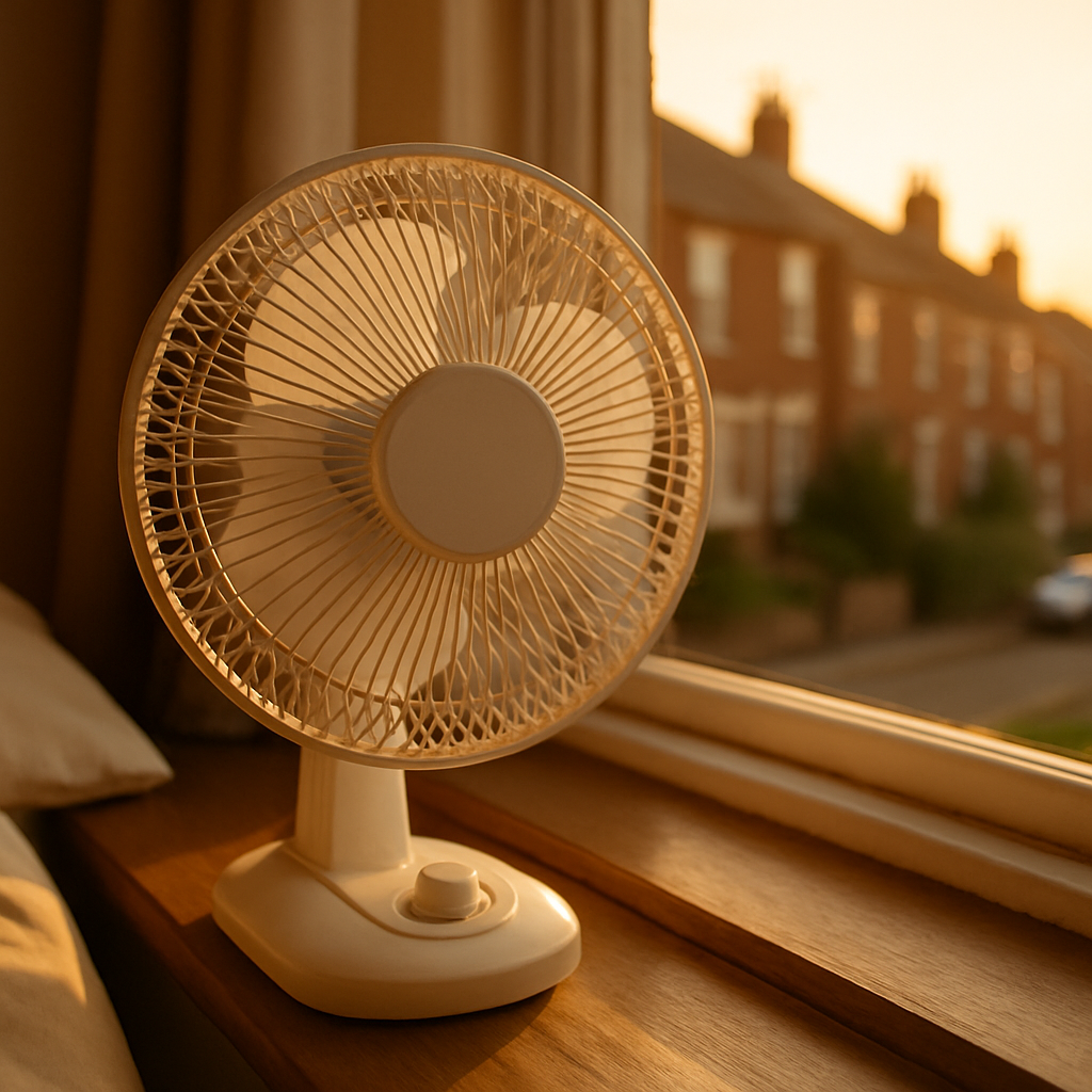 Portable fan on a British bedroom windowsill as a strategy for how to sleep in heat UK
