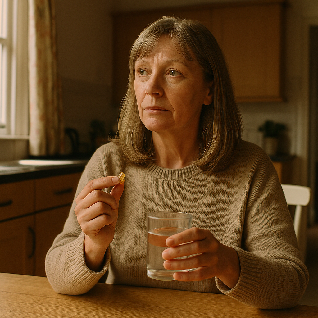 Woman considering creatine supplementation at a British kitchen table in morning light