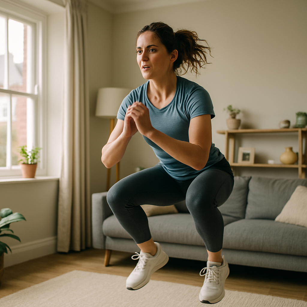 Woman doing short high-intensity workout at home, relevant to whether short workouts are enough exercise in the UK