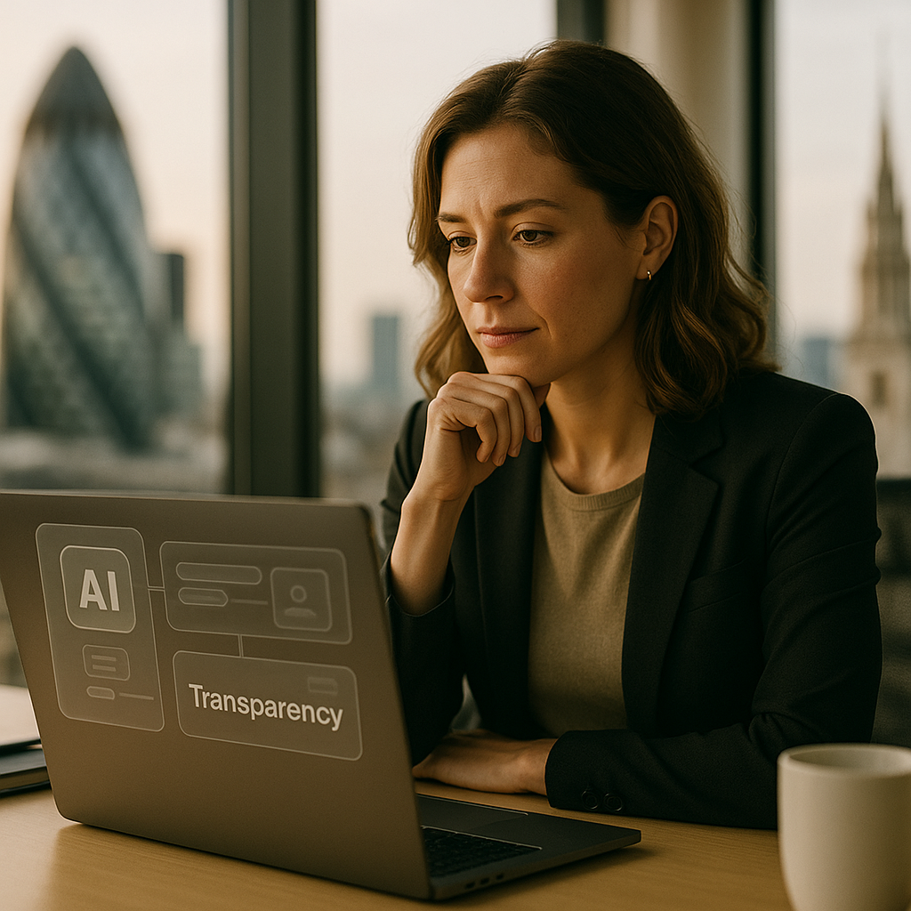 Woman reviewing EU AI Act consumer impact disclosures on a laptop in a modern London office