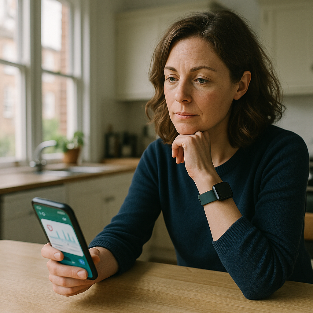 Woman reviewing NHS app health data privacy UK settings on smartphone with smartwatch on wrist