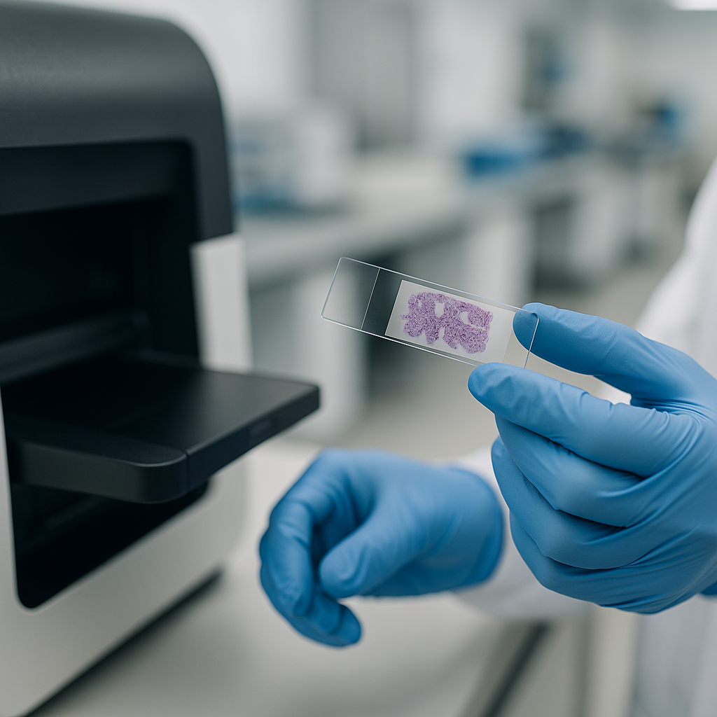 Pathologist preparing tissue slides for digital scanning as part of AI diagnostic tools evaluation in NHS pathology